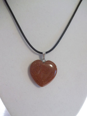 Black Leather Brown Sparkle Stone Heart Necklace (N1041)