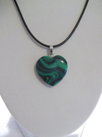 Black Leather Green Swirl Stone Heart Necklace (N1044)