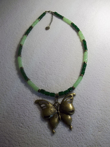 Bronze Dark Light Green Glass Beads Butterfly Pendant Necklace (N1068)