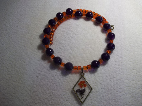Memory Wire Purple Orange Glass Beads Dried Flower Diamond Shape Pendant Choker Necklace (N1083)