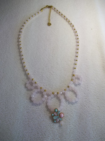Pink Glass Beads Gold Beads Bling Pendant Necklace (N1104)