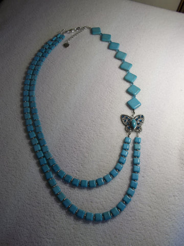 Turquoise Diamond Square Glass Beads Butterfly Pendant Necklace (N1106)