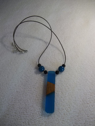 Brown Cord Black Blue Glass Beads Double Blue Wood Pendant Necklace (N1120)