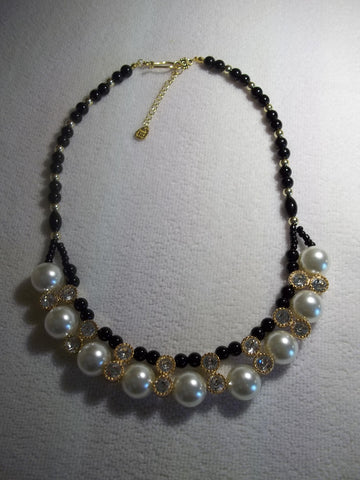 Gold Big White Pearls Black Glass Bead Necklace (N1121)