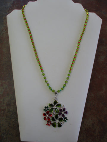 Green Purple Red Flower Pendant Glass Beads Necklace (N1122)