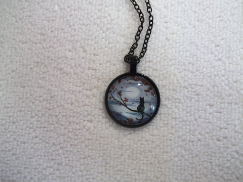 Black Bubble Pendant Cat in Tree with Moon Necklace (N1153)