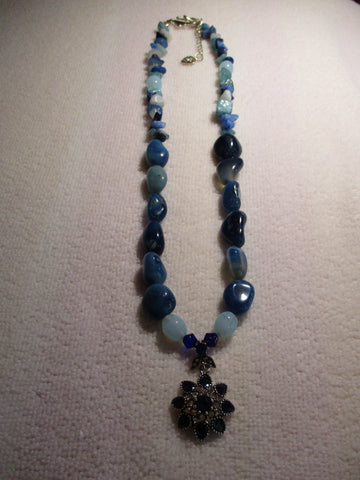 Silver Blue Chips and Blue Stone Blue Bling Pendant Necklace (N1180)