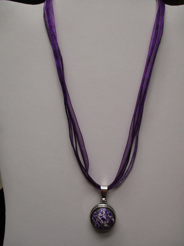 Purple Twine Purple Ribbon Rock Snap Button Pendant Necklace (N1199)