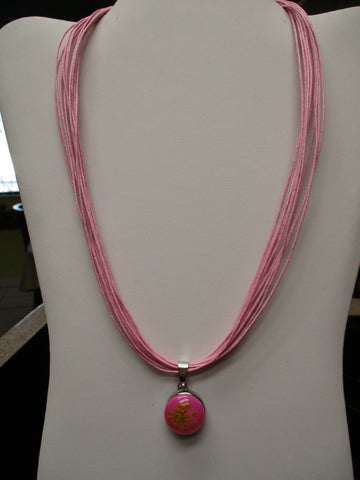 Pink Twine Pink Dried Flower Snap Button Pendant Necklace (N1201)