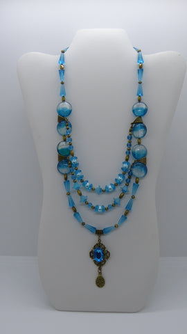Bronze Blue Glass Beads 3 Strands Pendant Necklace (N1205)