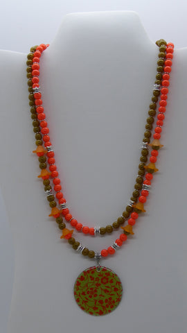 Silver Olive Orange Glass Beads Flowers 2 Strand Pendant Necklace (N1207)