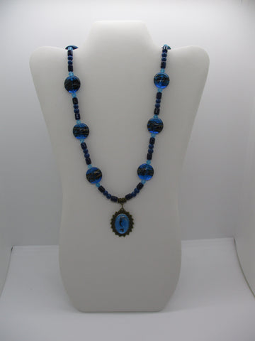 Bronze Dark Blue Glass Beads Mermaid Pendant Necklace (N1213)