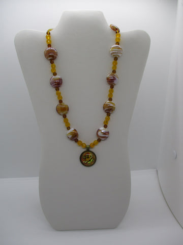 Bronze Brown Yellow Glass Beads Butterflies Pendant Necklace (N1214)