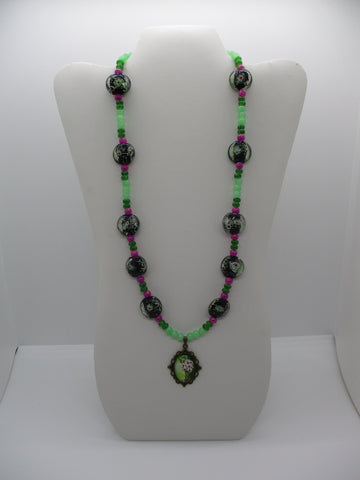 Bronze Black Green Pink Glass Beads Flower Pendant Necklace (N1215)