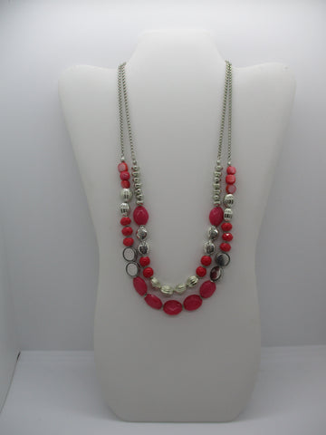 Silver Red Beads Double Chain Necklace (N1216)