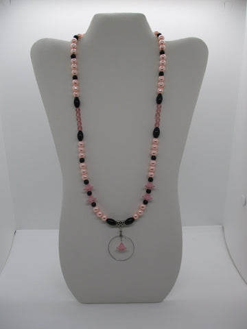Silver Pink Black Glass Beads Pink Pearls Flowers Silver Circle Flower Pendant Necklace (N1219)