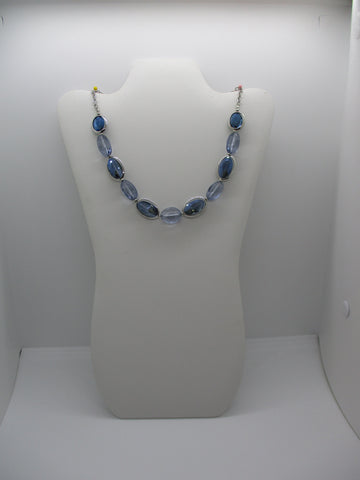 Silver Smoked Blue Glass Beads Chain Necklace (N1221)