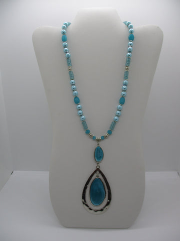 Silver Blue Glass Beads Blue Pearls Double Tear Drop Pendant Necklace (N1224)