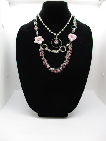 Three layers Silver Rings Chains White Pearls Pink Beads Pink Flower Heart Pendants Necklace (N1237)