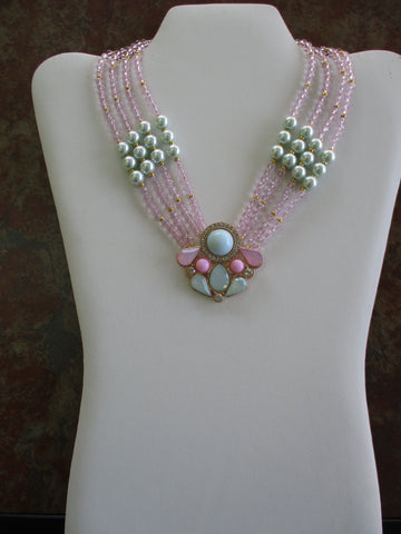 4 Strands Pink Crystal Light Green Pearls Glod Pendant Choker Necklace (N1250)