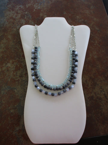 Silver Long Chain Three Rows Blue Gray Beads Necklace (N1251)