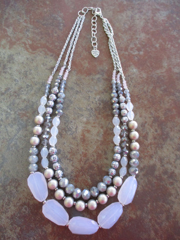 Silver 3 Rows Pink Clear Silver Gray Gold Beads Necklace (N1256)