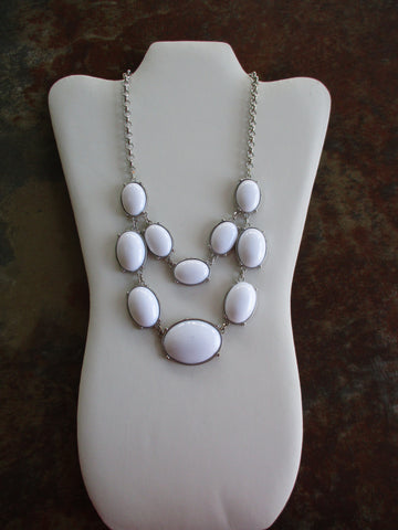 Silver Chain Double Row White Pendants Choker Necklace (N1258)