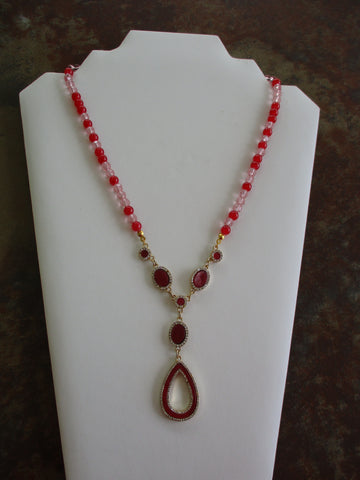 Gold Pink Red Glass Beads Red Gold Charms Tear Drop Tie Necklace (N1266)