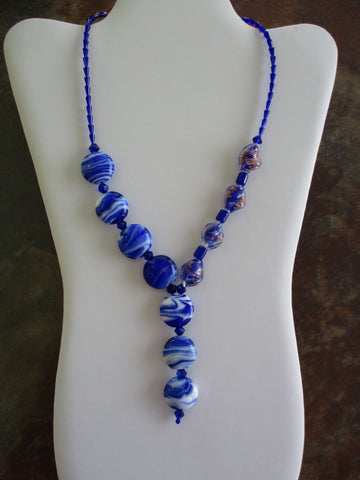Blue White Swirl Gold Glass Beads Neck Tie Necklace (N1279)