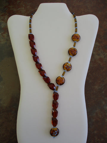 Bronze Brown Blue Glass Beads Neck Tie Necklace (N1297)