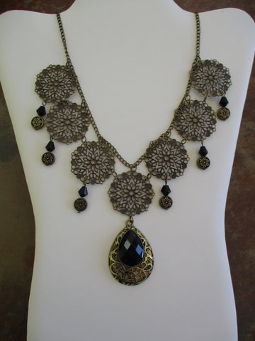 Bronze Circles Black Glass Beads Bronze Black Tear Drop Pendant Choker Necklace (N1298)