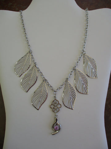 Silver Chain Silver Leaves Silver Purple Pendant Necklace (N1299)