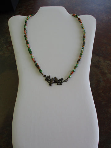 Bronze Green White Brown Multi Color Glass Beads Bronze Branch with Birds Pendant Necklace (N1302)