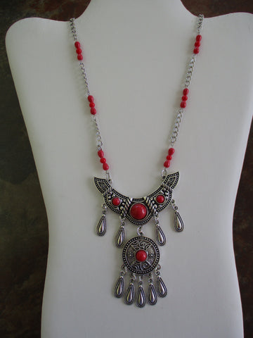 Silver Red Glass Beads Double Stacked Pendants Tear Drops Necklace (N1319)