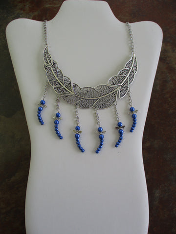 Silver Leaf Choker With Blue Pearl Dragonflies Pendants Necklace (N1320)