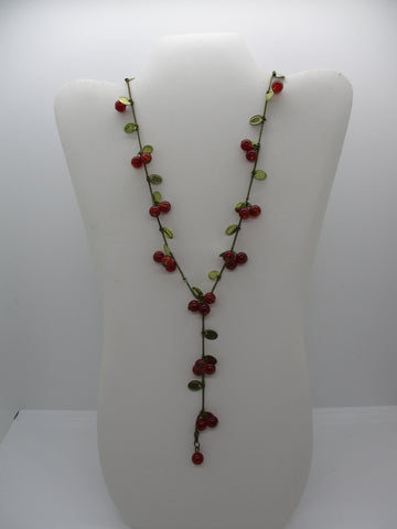 Bronze Red Glass Beads Cherries Neck Tie Necklace (N1332)