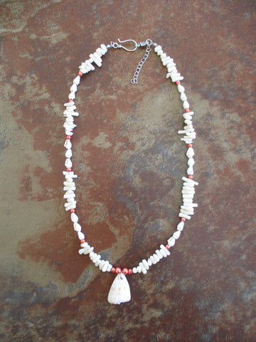 Silver White Coral White Shells Peach Pearls Shell Pendant Necklace (N1350)