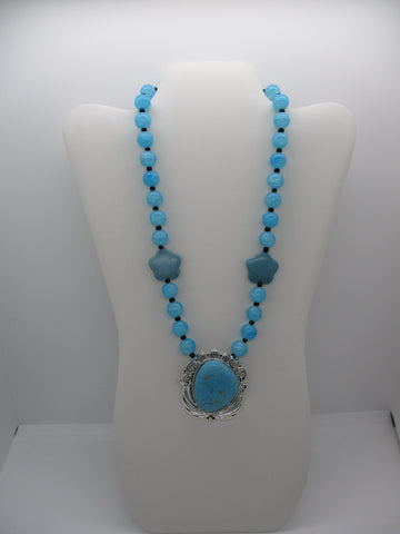 Blue Crackle Glass Beads Black Seed Beads Silver Turquoise Pendant Necklace (N1354)