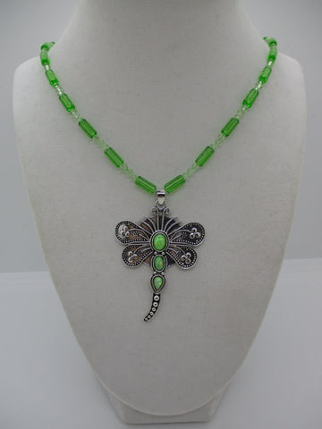 Silver Green Glass Beads Silver Green Dragonfly Pendant Necklace (N1355)