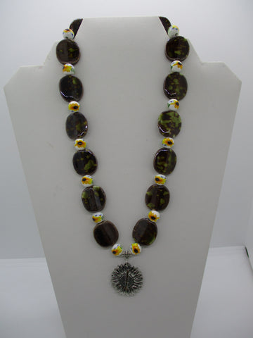 Brown Speckled and Sunflower Ceramic Beads Sunflower Pendant Necklace (N1367)