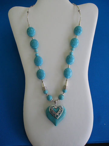 Turquoise Beads Silver Tubesa and Beads Heart Pendant Necklace (N1376)