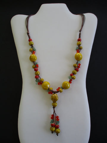 Red Yellow Clay Beads Green Rock Chips Brown Adjustable Twine Necklace (N1383)