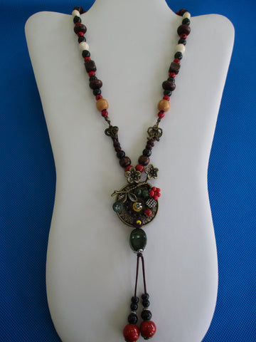 Multi Color Clay Wood and Glass Beads Brown Twine Bronze Round Circle with Flowers Pendant Necklace (N1385)