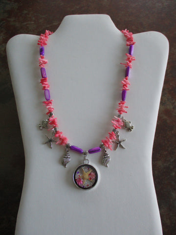 Pink Coral Purple Mother of Pearl Beads Silver Starfish Fish Shells Round Starfish Pendant Necklace (N1407)
