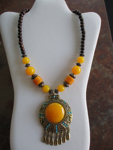 Brown Wooden Beads Yellow Glass Beads Bronze Yellow Turquoise Pendant Necklace (N1409)