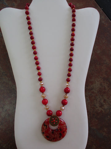 Red Gold Glass Beads Round Red Glass Pendant Necklace (N1423)