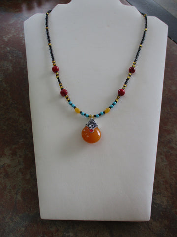 Silver Black Gold Glass Seed Beads Red, Blue, Orange Glass Beads Tear Drop Pendant Necklace (N1427)