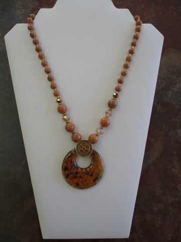 Brown Gold Glass Beads Round Glass Pendant Necklace (N1430)