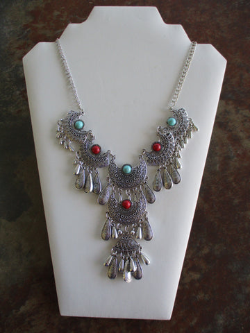 Silver Half Medallions Silver Tear Drops Turquoise Red Chain Necklace (N1433)