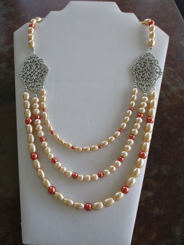 Three Layer Peach Coral Glass Pearl Beads Silver Pendants Necklace (N1434)